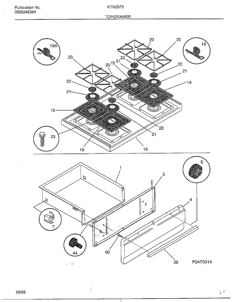 Top/drawer Diagram and Parts List for 2873B  Frigidaire Range