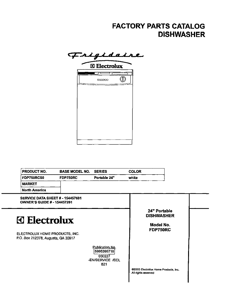 COVER Diagram and Parts List for FDP750RCS0  Frigidaire Dishwasher