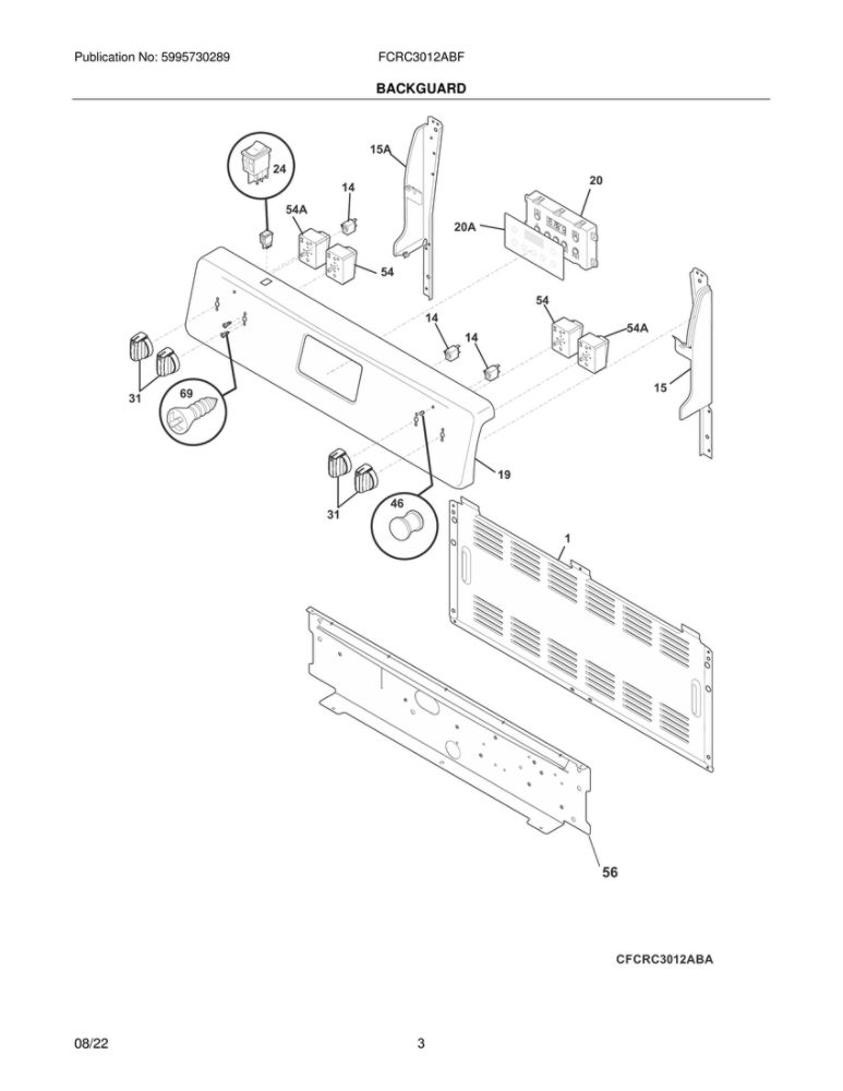 Backguard Diagram and Parts List for FCRC3012ABF  Frigidaire Range