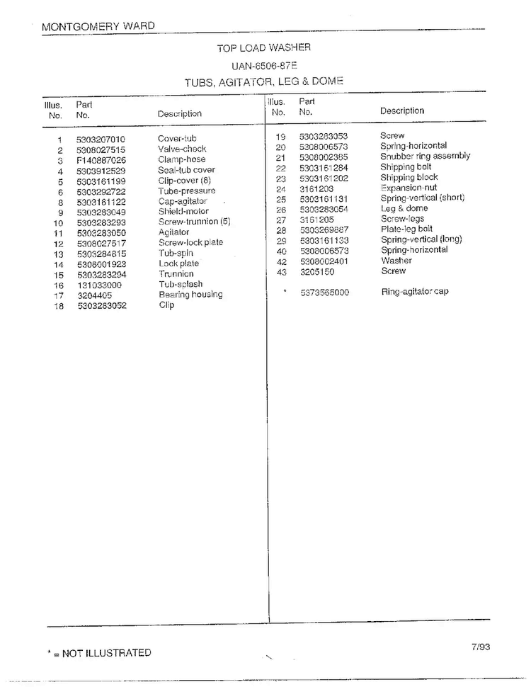 Top Load Washer/tubs/agitator/leg And Dome Page 2 Diagram and Parts List for 6506-87E  Frigidaire Washer