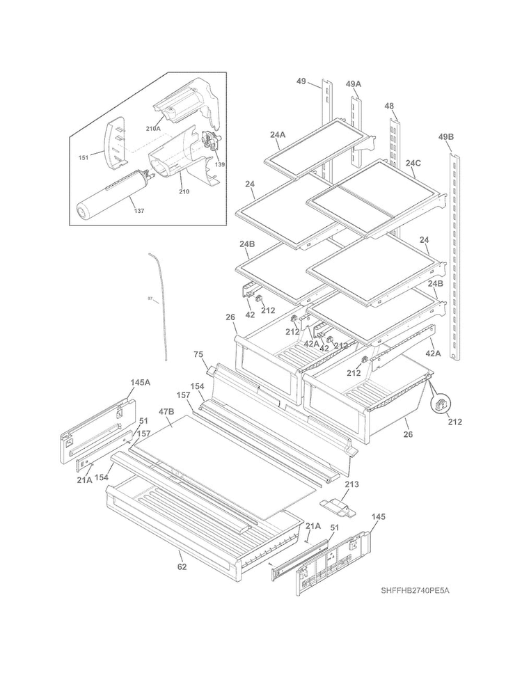 Shelves Diagram and Parts List for FFHB2740PE5A  Frigidaire Refrigerator