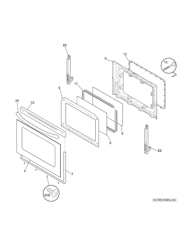 Door Diagram and Parts List for FFEF3011RSA  Frigidaire Range
