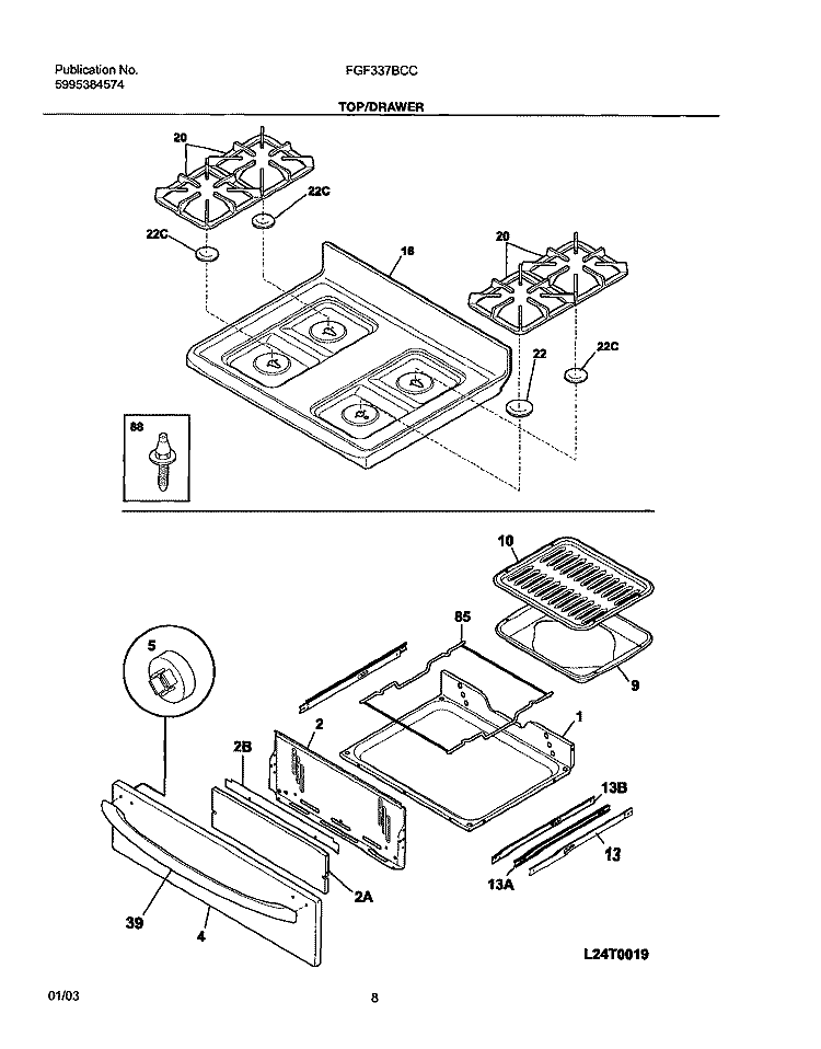 TOP / DRAWER Diagram and Parts List for FGF337BCC  Frigidaire Range