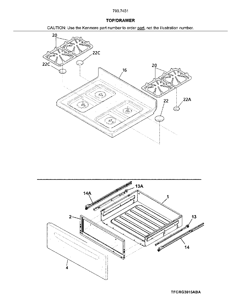 Top/drawer Diagram and Parts List for 79074512910  Kenmore Range