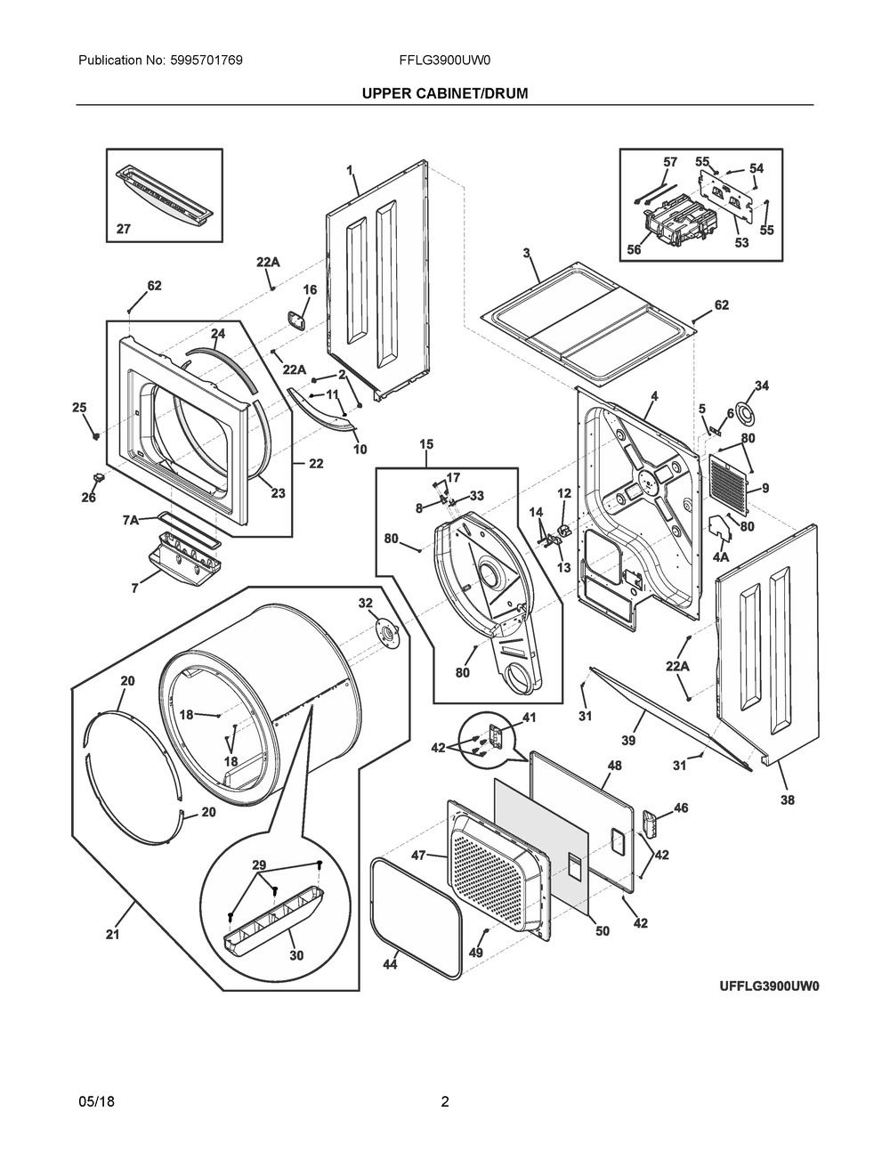 Upper Cabinet/drum Diagram and Parts List for FFLG3900UW0  Frigidaire Washer Dryer Combo