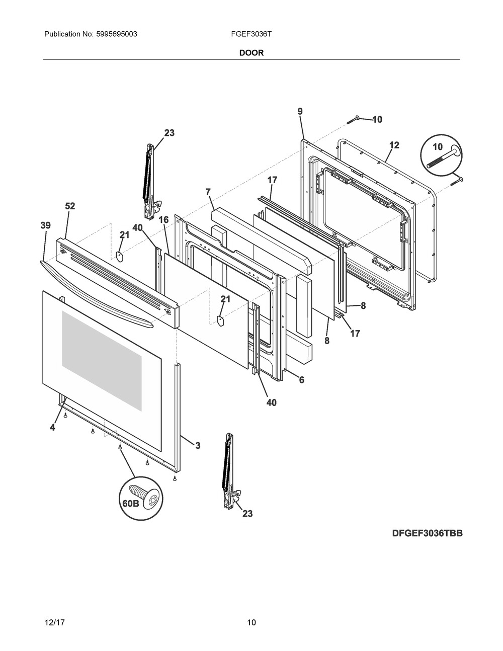 Door Diagram and Parts List for FGEF3036TWB  Frigidaire Range