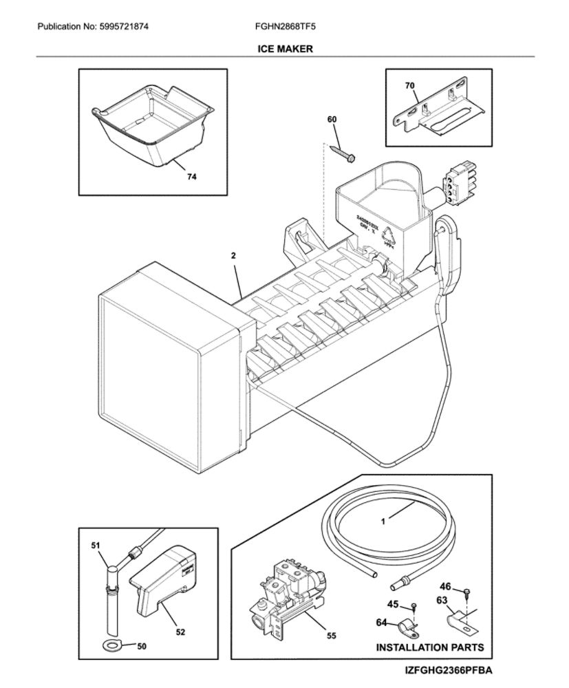 Ice Maker Diagram and Parts List for FGHN2868TF5  Frigidaire Refrigerator