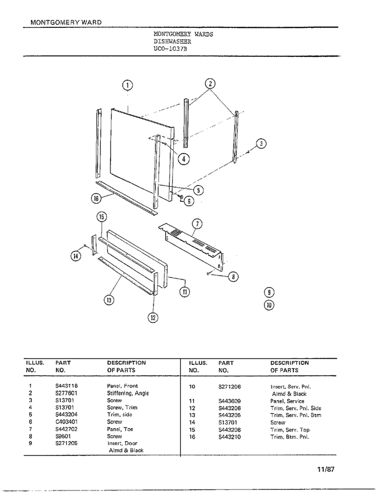 Dishwasher Page 2 Diagram and Parts List for 1037B  Frigidaire Dishwasher