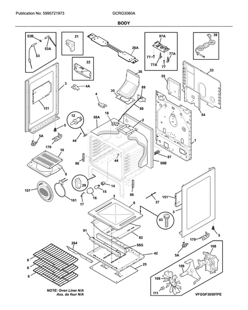 Body Diagram and Parts List for GCRG3060ADB  Frigidaire Range