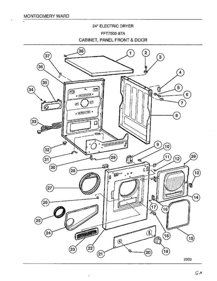 Cabinet, Panel Front And Door Diagram and Parts List for 7505-87A  Frigidaire Dryer