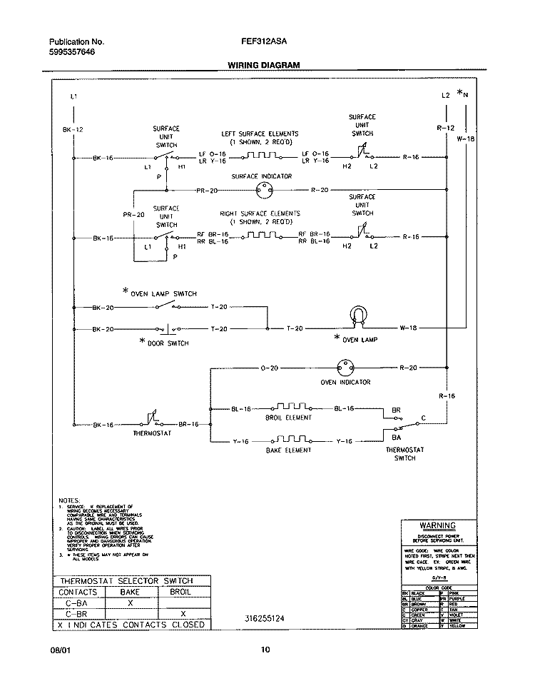WIRING DIAGRAM Diagram and Parts List for FEF312ASA  Frigidaire Range