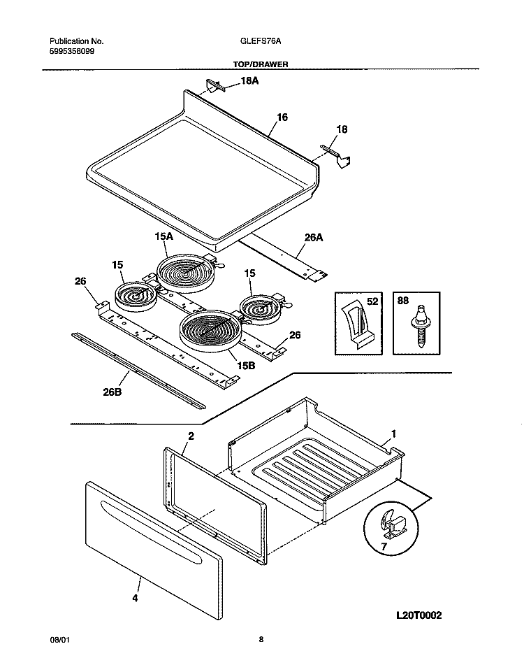 TOP / DRAWER Diagram and Parts List for GLEFS76AQC  Frigidaire Range