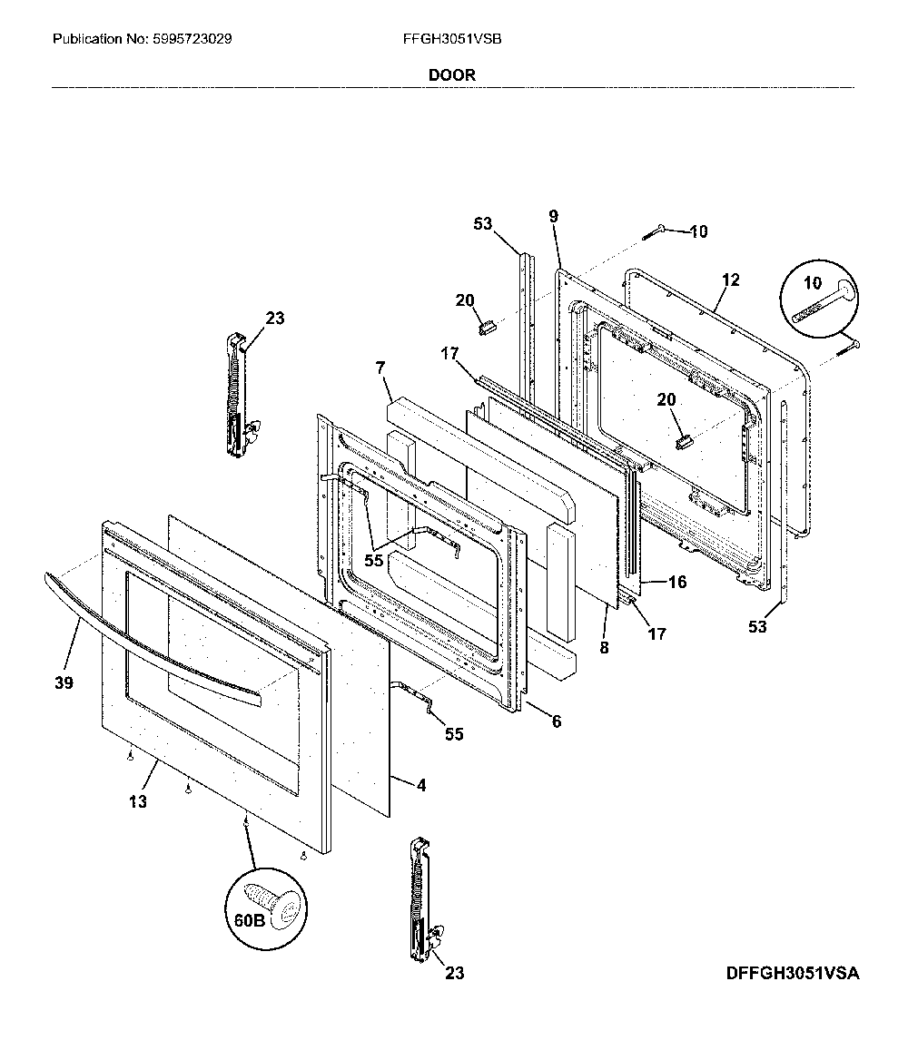 Door Diagram and Parts List for FFGH3051VSB  Frigidaire Range
