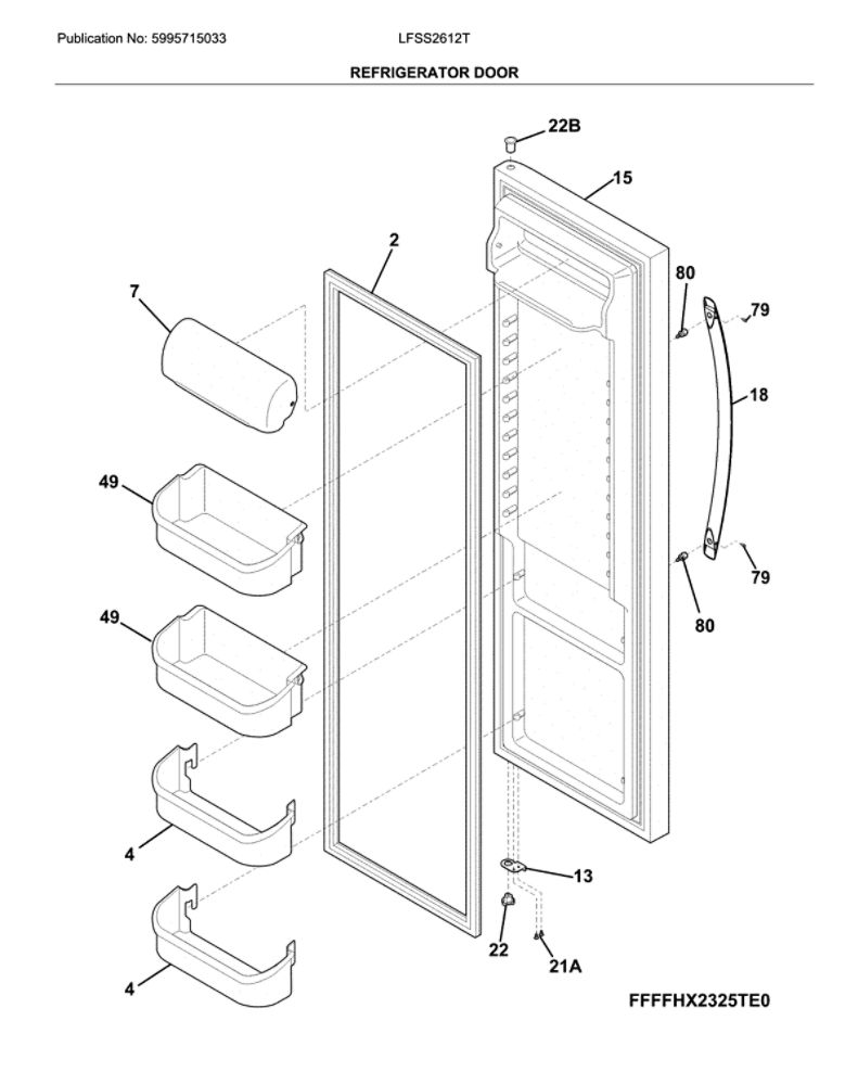 Fressh Food Door Diagram and Parts List for LFSS2612TE1  Frigidaire Refrigerator