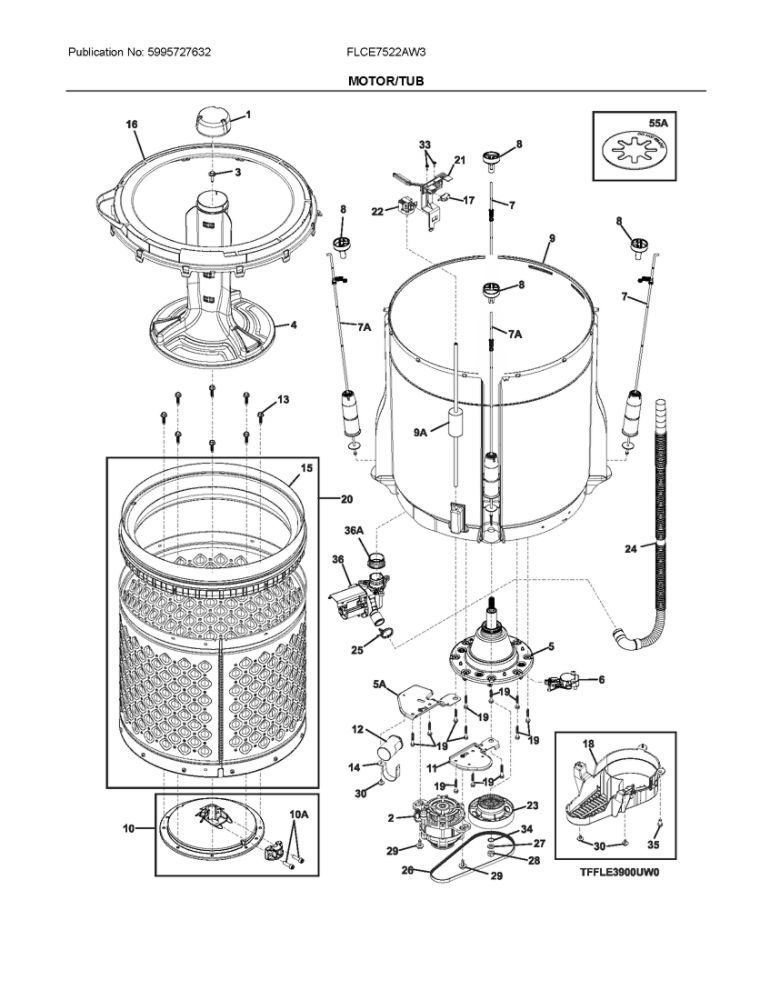Motor/Tub Diagram and Parts List for FLCE7522AW3  Frigidaire Washer Dryer Combo