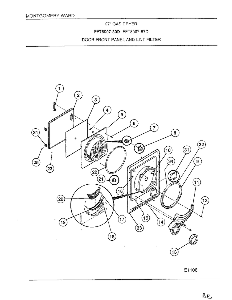Door Front Panel/lint Filter Diagram and Parts List for 8007-87D  Frigidaire Dryer