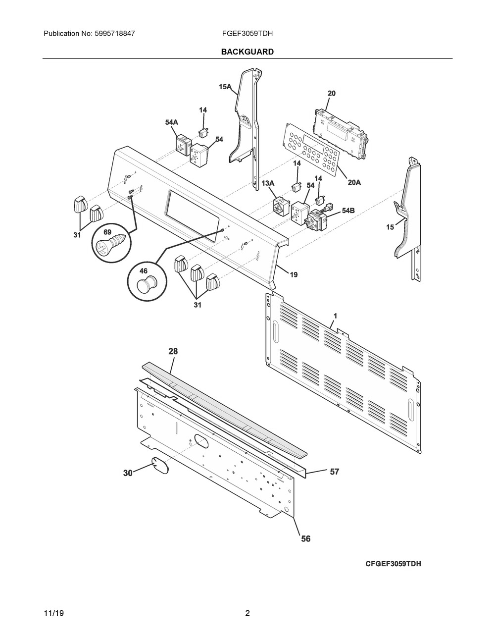 Backguard Diagram and Parts List for FGEF3059TDH  Frigidaire Range