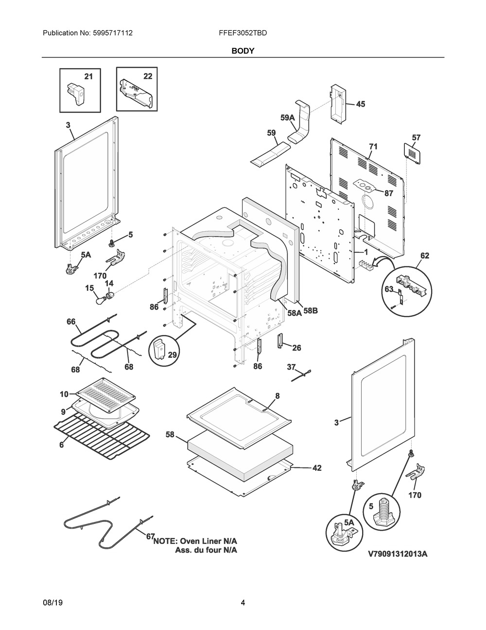 Body Diagram and Parts List for FFEF3052TBD  Frigidaire Range
