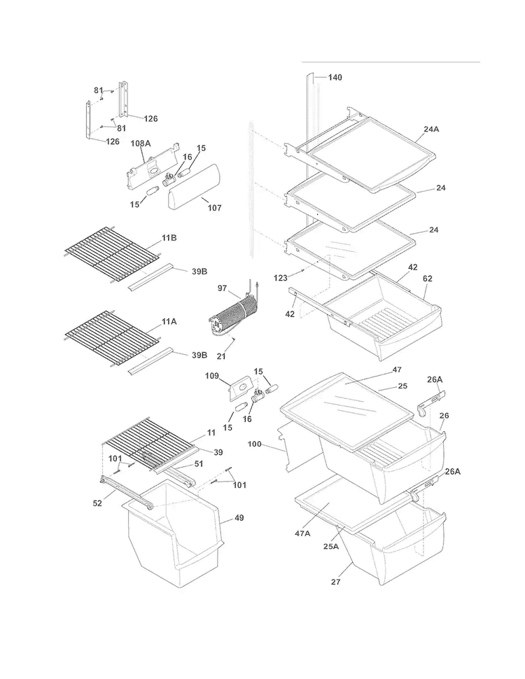 Shelves Diagram and Parts List for FGHS2342LF4  Frigidaire Refrigerator