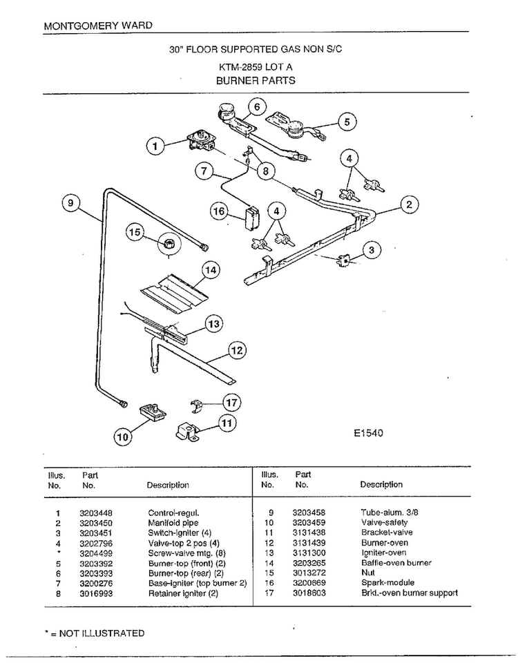 30" Floor Supported Gas/burner Parts Diagram and Parts List for 2859A  Frigidaire Range
