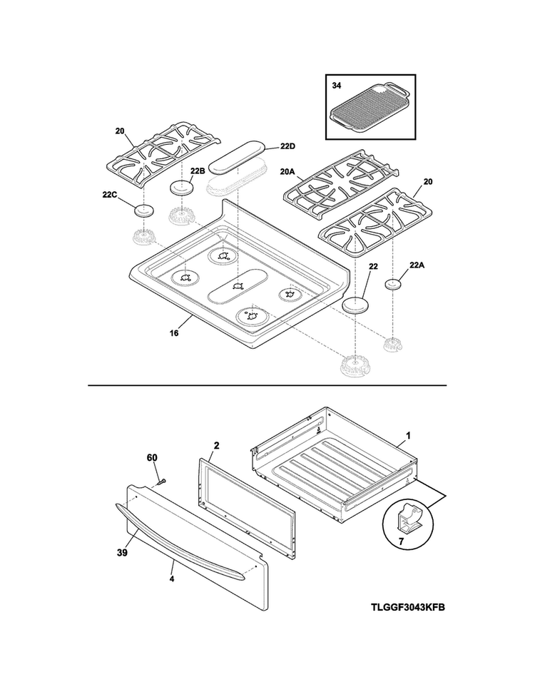 Top/drawer Diagram and Parts List for FGGF3054MFD  Frigidaire Range