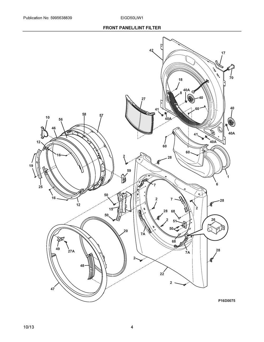Front Panel/lint Filter Diagram and Parts List for EIGD50LIW1  Frigidaire Dryer