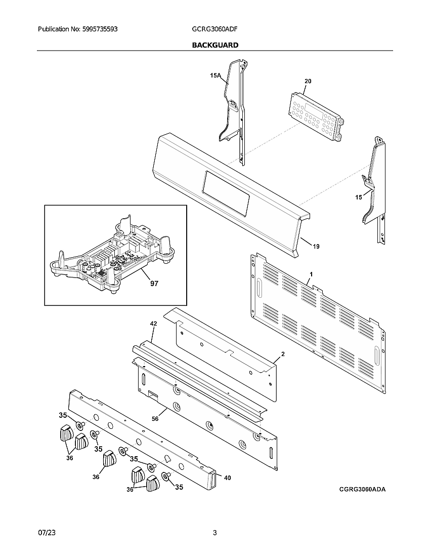 Backguard Diagram and Parts List for GCRG3060ADF  Frigidaire Range