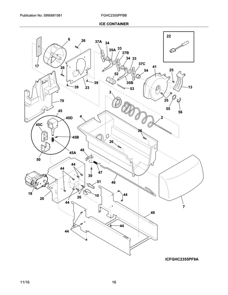 Ice Container Diagram and Parts List for FGHC2355PFBB  Frigidaire Refrigerator