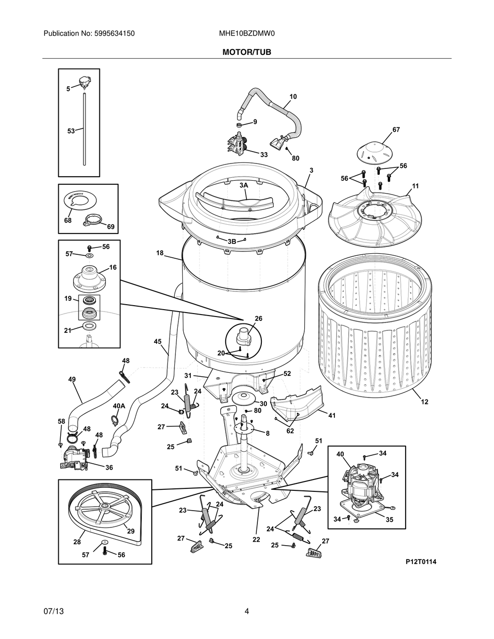 Motor/Tub Diagram and Parts List for MHE10BZDMW0  Frigidaire Washer