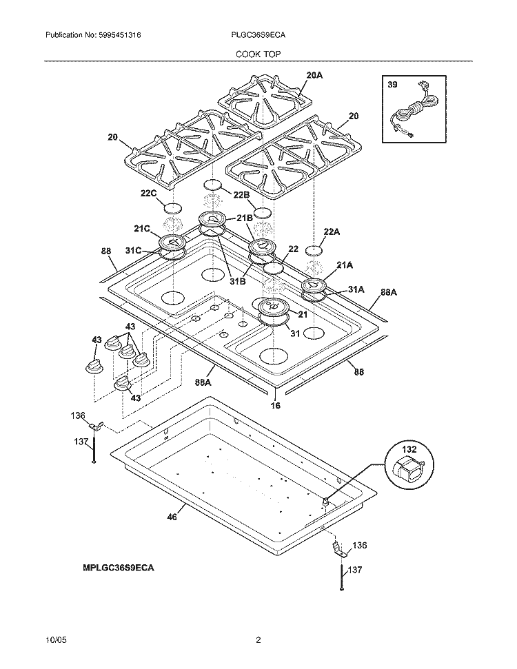MAINTOP Diagram and Parts List for PLGC36S9ECA  Frigidaire Cooktop