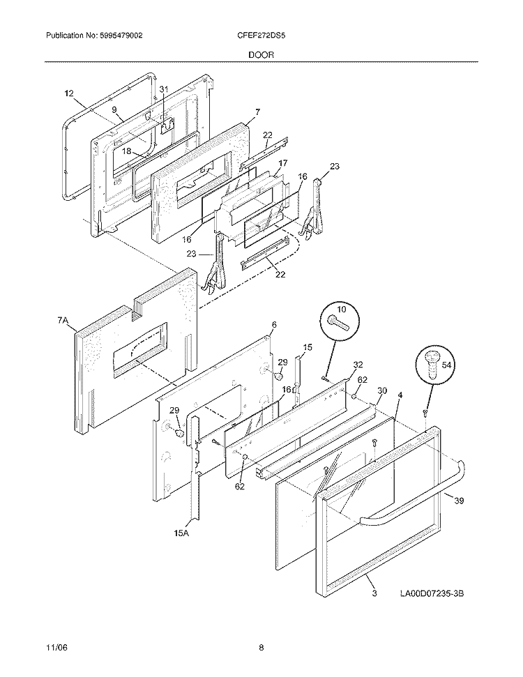 DOOR Diagram and Parts List for CFEF272DS5  Frigidaire Range