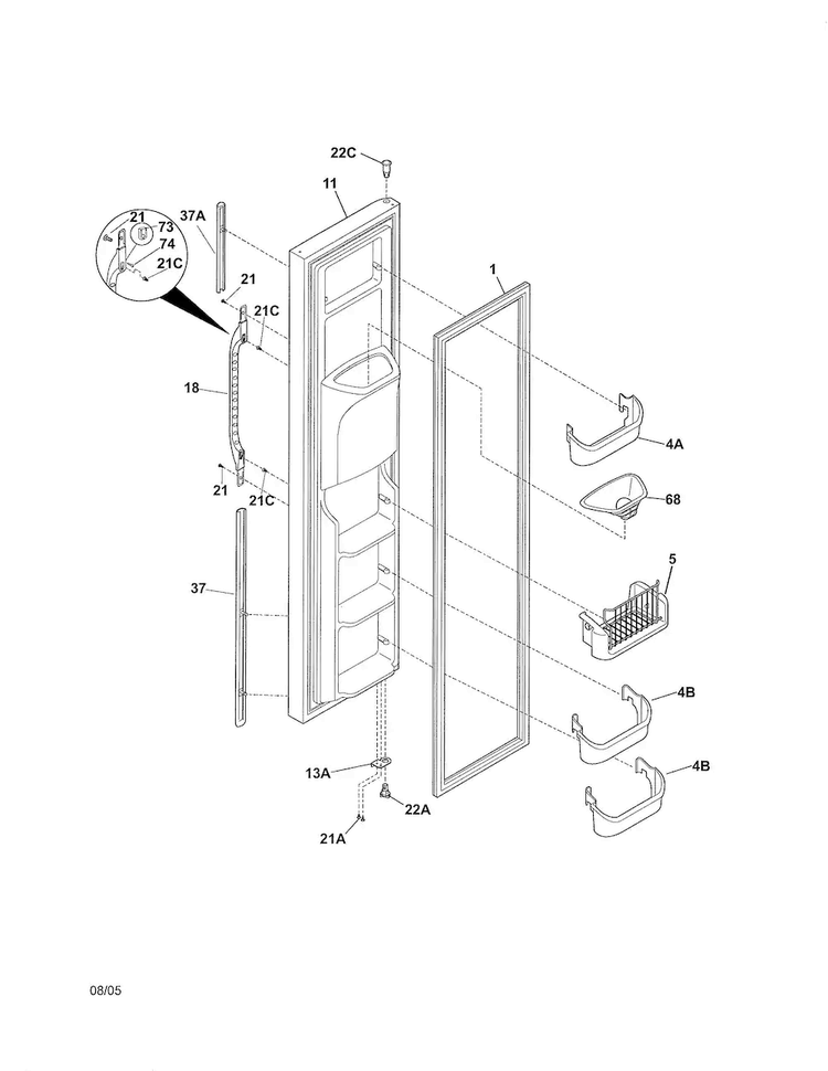 Freezer Door Diagram and Parts List for 25354663408  Kenmore Refrigerator
