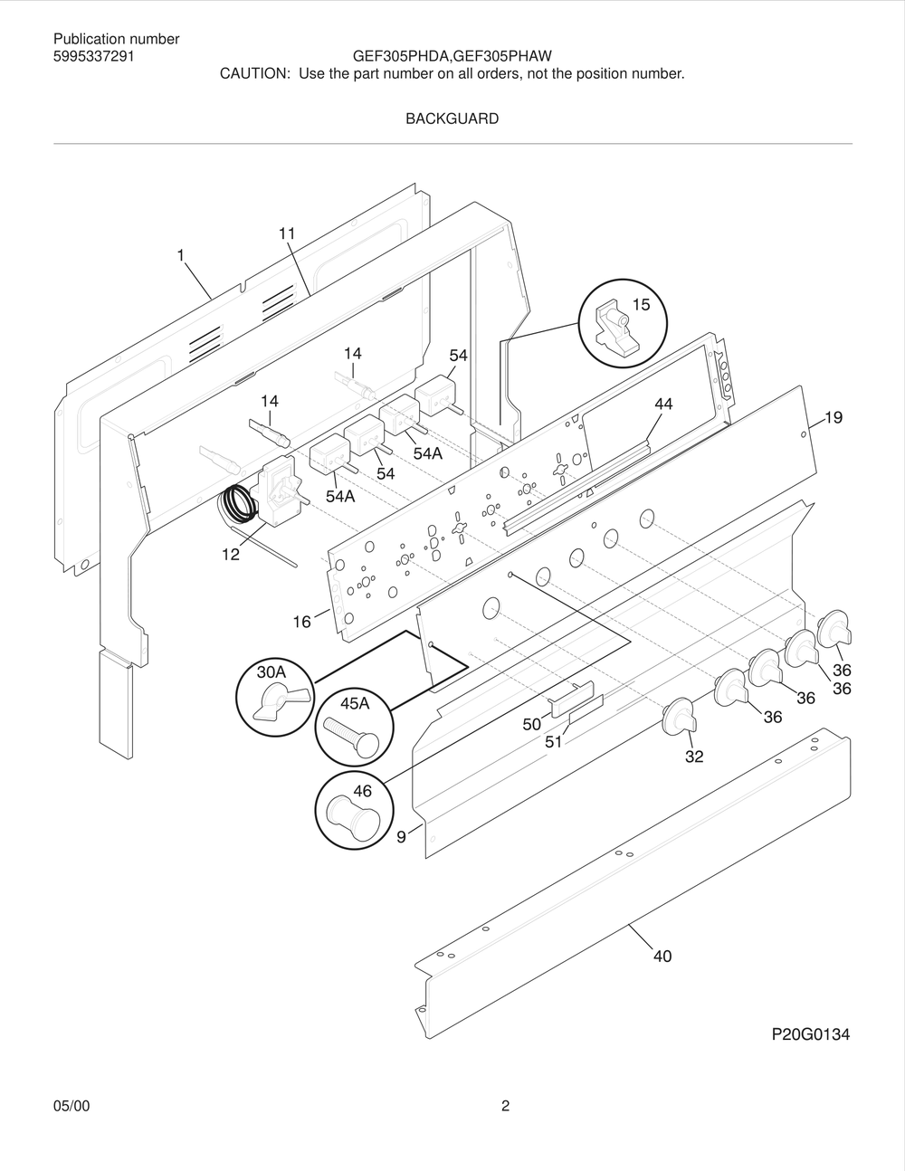 Backguard Diagram and Parts List for GEF305PHDA  Frigidaire Range