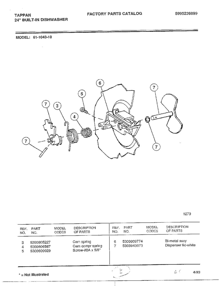 Dispenser Lid Diagram and Parts List for 61-1043-10  Frigidaire Dishwasher