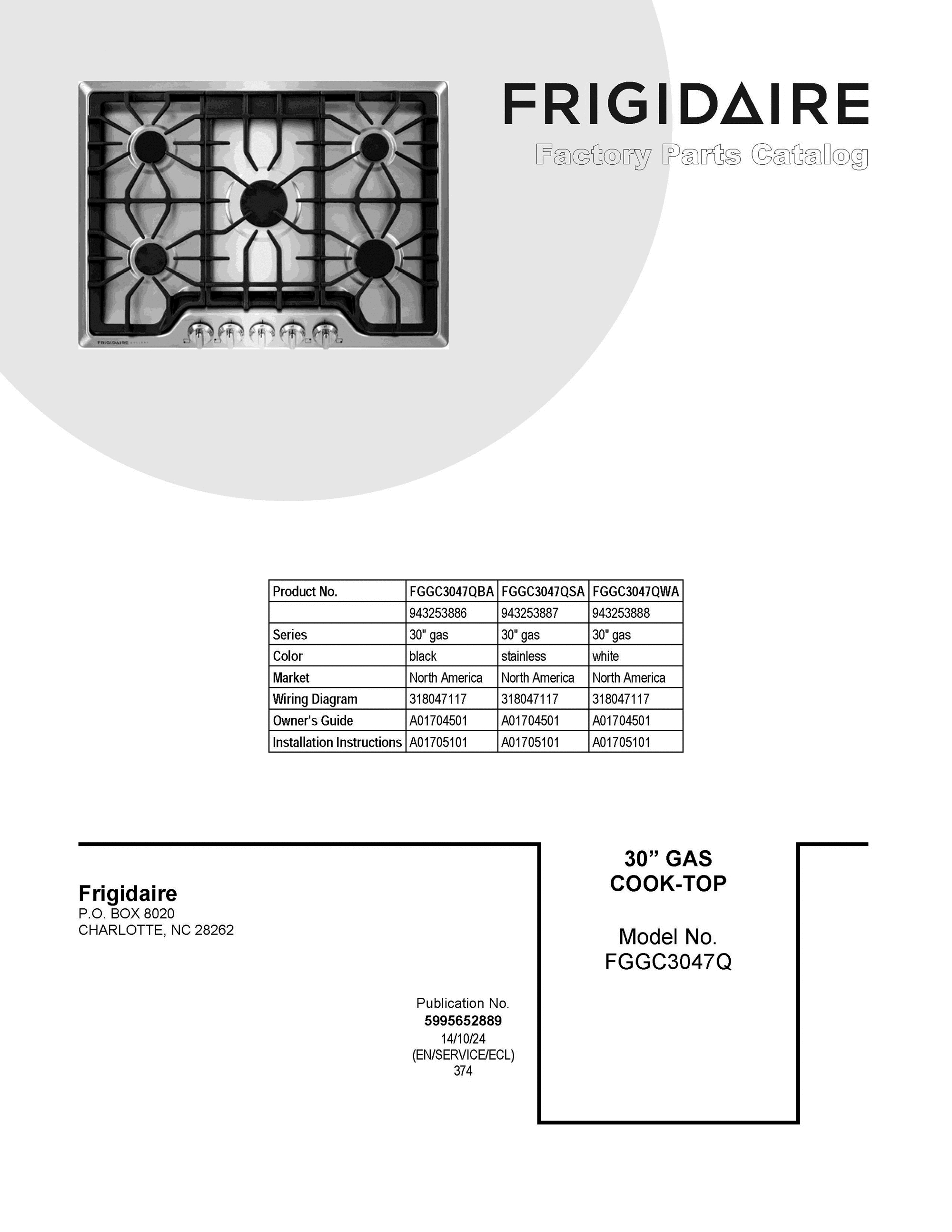 01 - COVER SHEET Diagram and Parts List for FGGC3047QSA  Frigidaire Cooktop