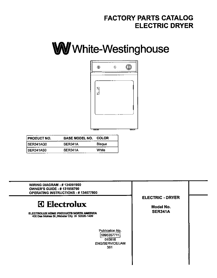 COVER Diagram and Parts List for SER341AQ0  Westinghouse Dryer