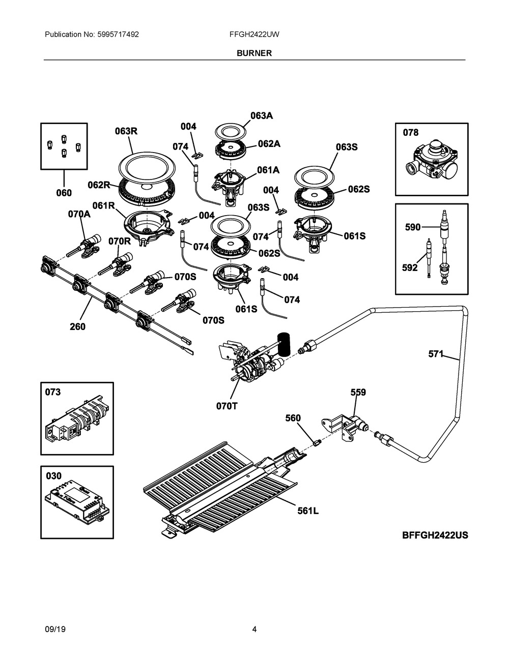 Burner Diagram and Parts List for FFGH2422UW  Frigidaire Range
