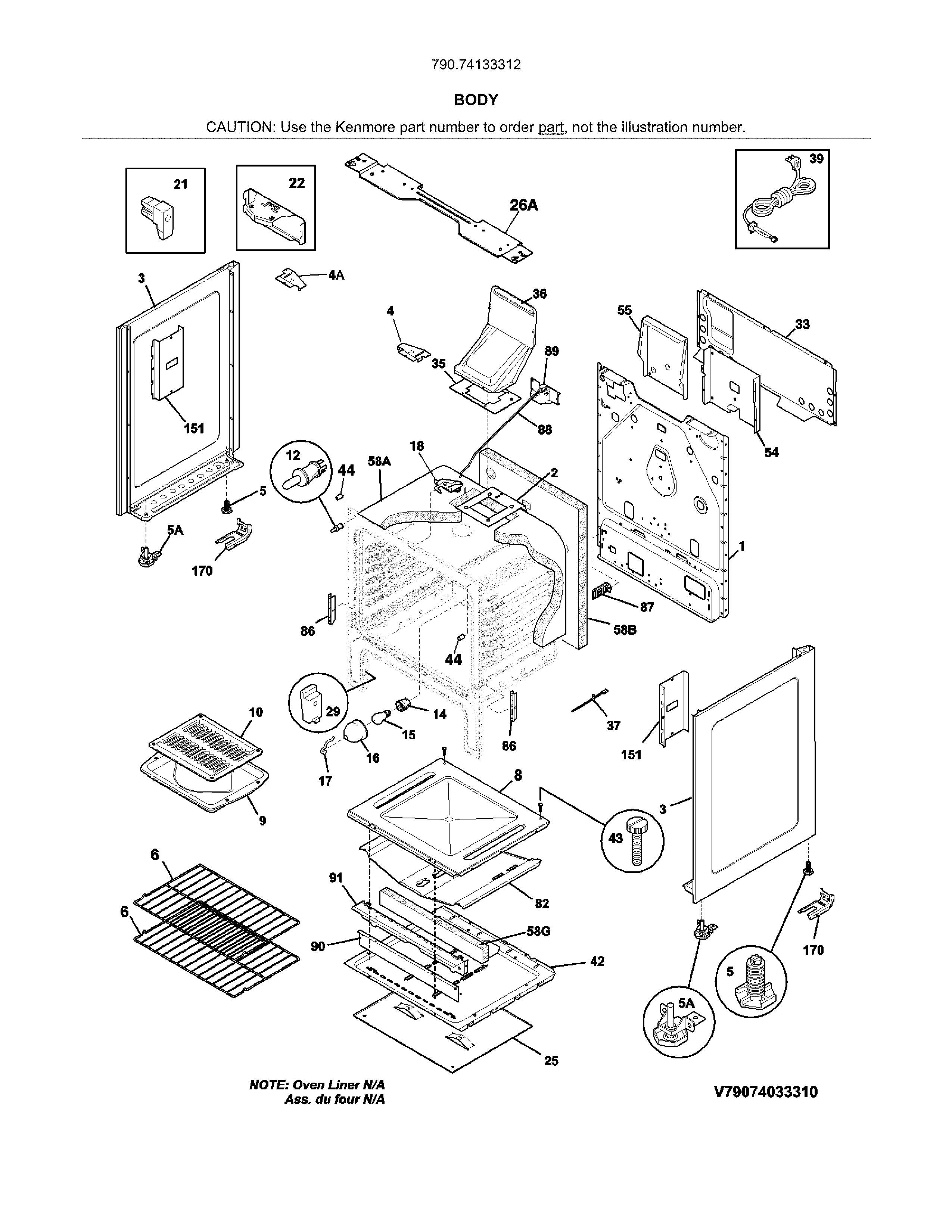 Body Diagram and Parts List for 79074133312  Kenmore Range