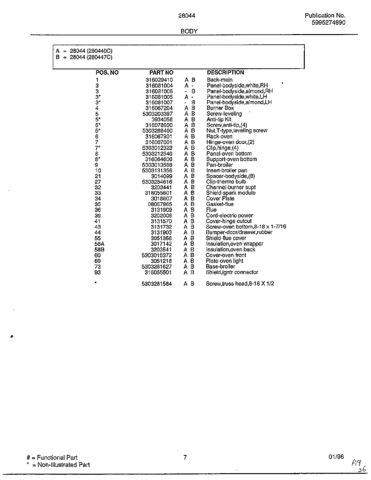 Body Page 2 Diagram and Parts List for 280440C  Frigidaire Range