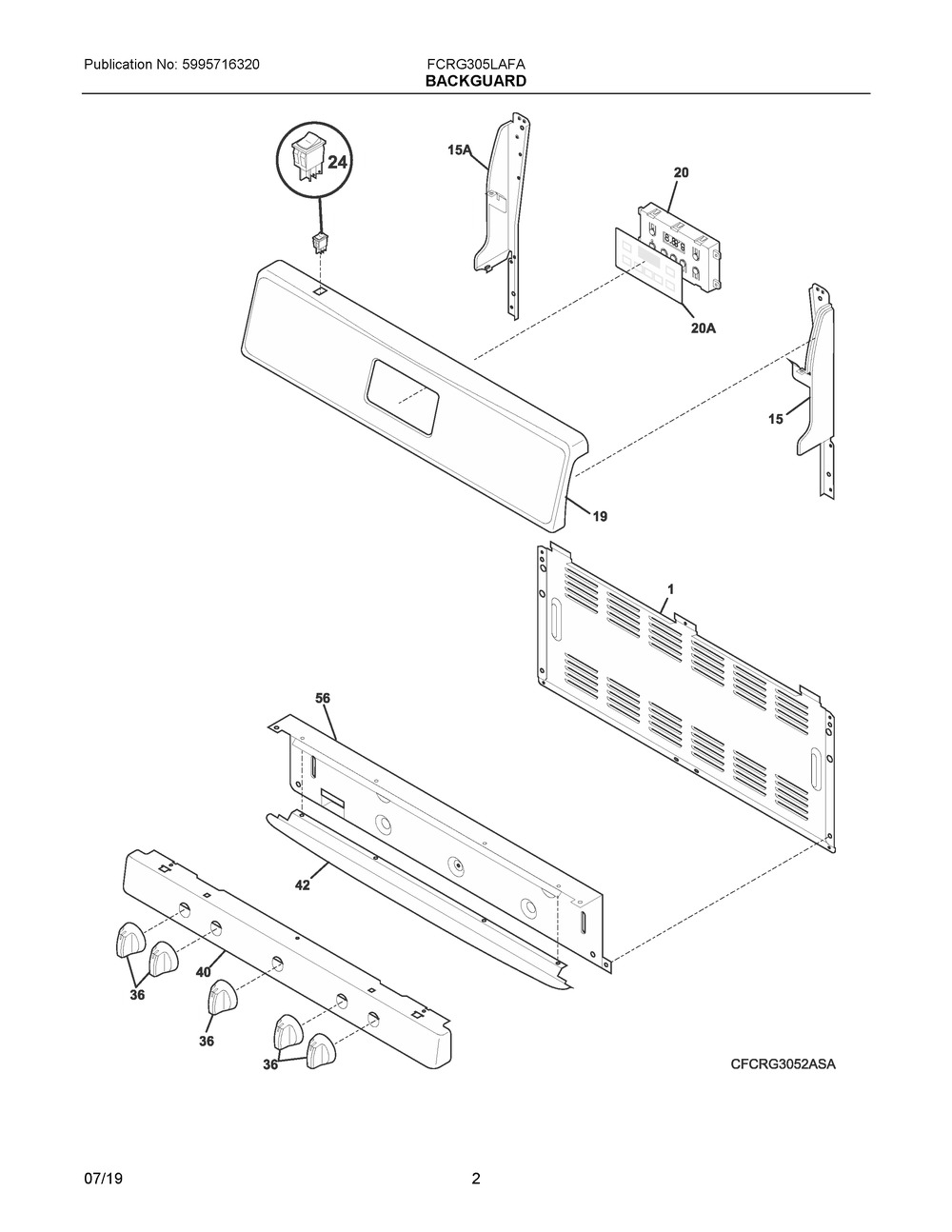 Backguard Diagram and Parts List for FCRG305LAFA  Frigidaire Range