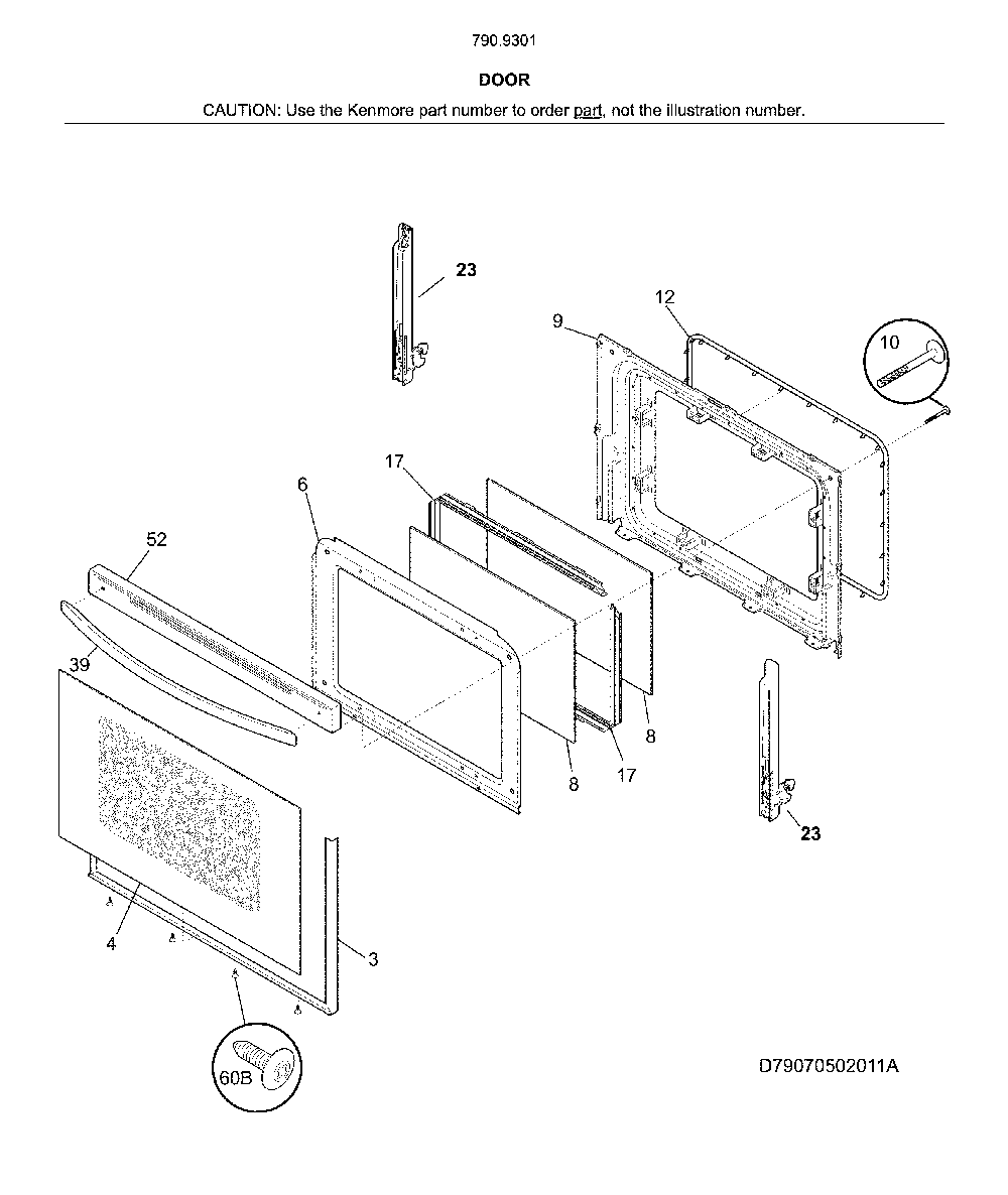 Door Diagram and Parts List for 79093012315  Kenmore Range