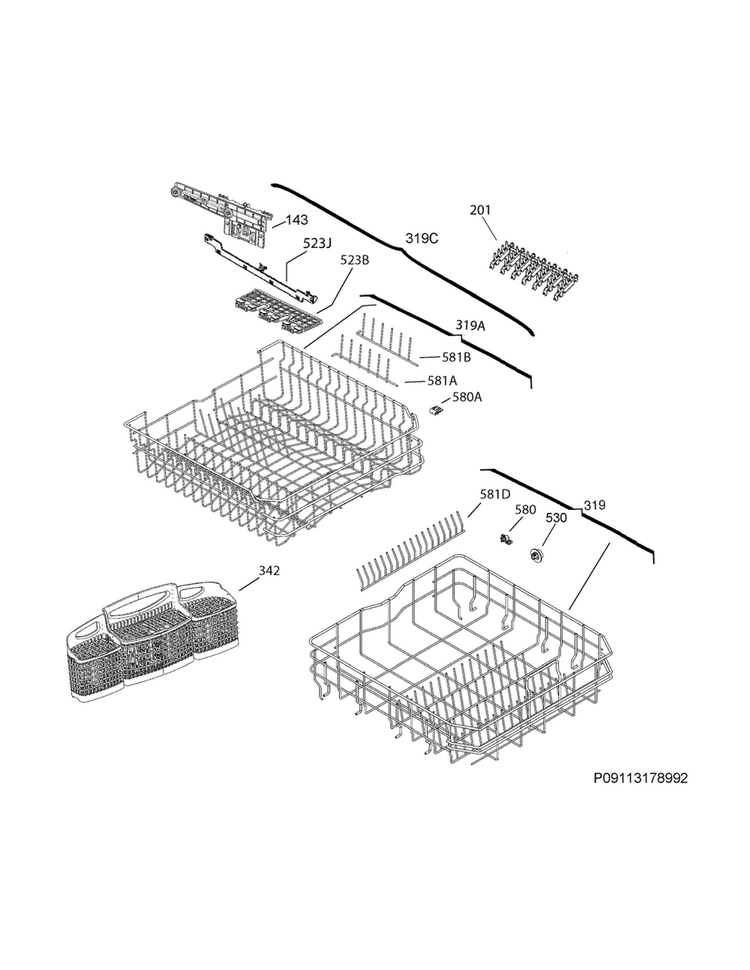 Racks Diagram and Parts List for LGID2475QF4A  Frigidaire Dishwasher