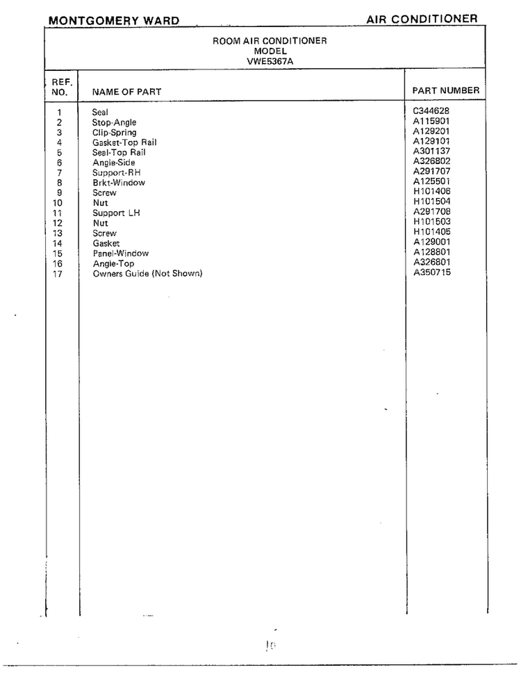 Room Air Conditioner Page 10 Diagram and Parts List for 5367A  Frigidaire Air Conditioner