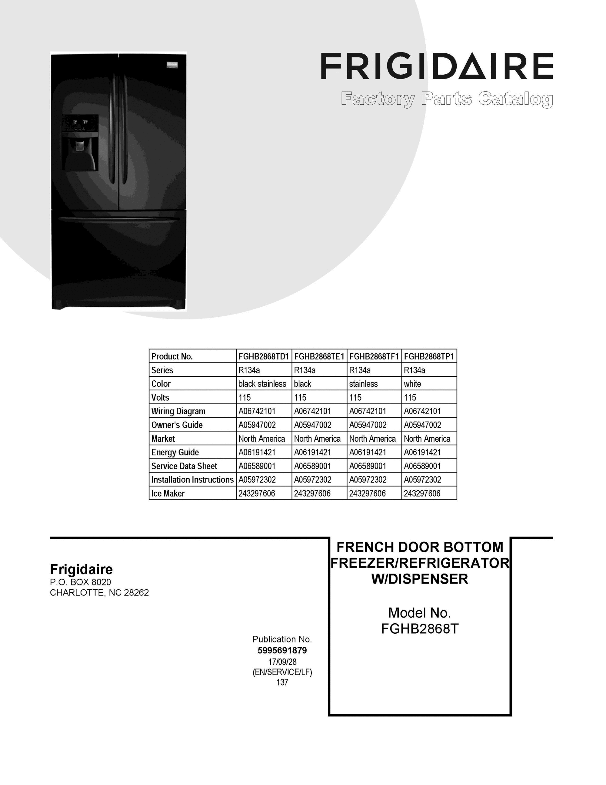 01 - COVER SHEET Diagram and Parts List for FGHB2868TD1  Frigidaire Refrigerator