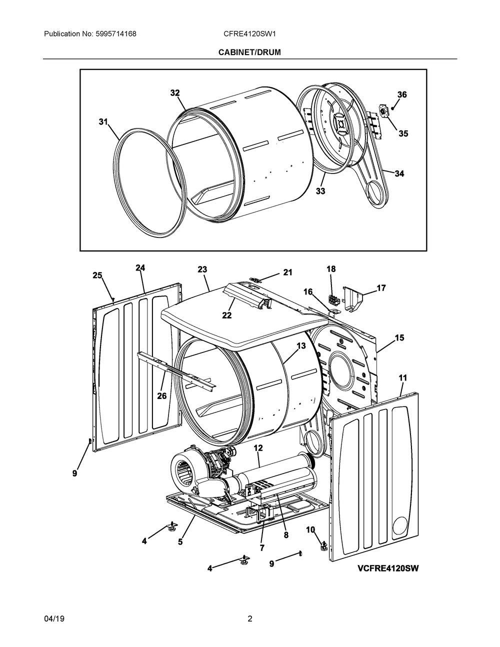 Cabinet/drum Diagram and Parts List for CFRE4120SW1  Frigidaire Dryer
