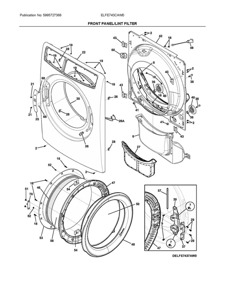 Front Panel/Lint Filter Diagram and Parts List for ELFE743CAW0  Frigidaire Dryer