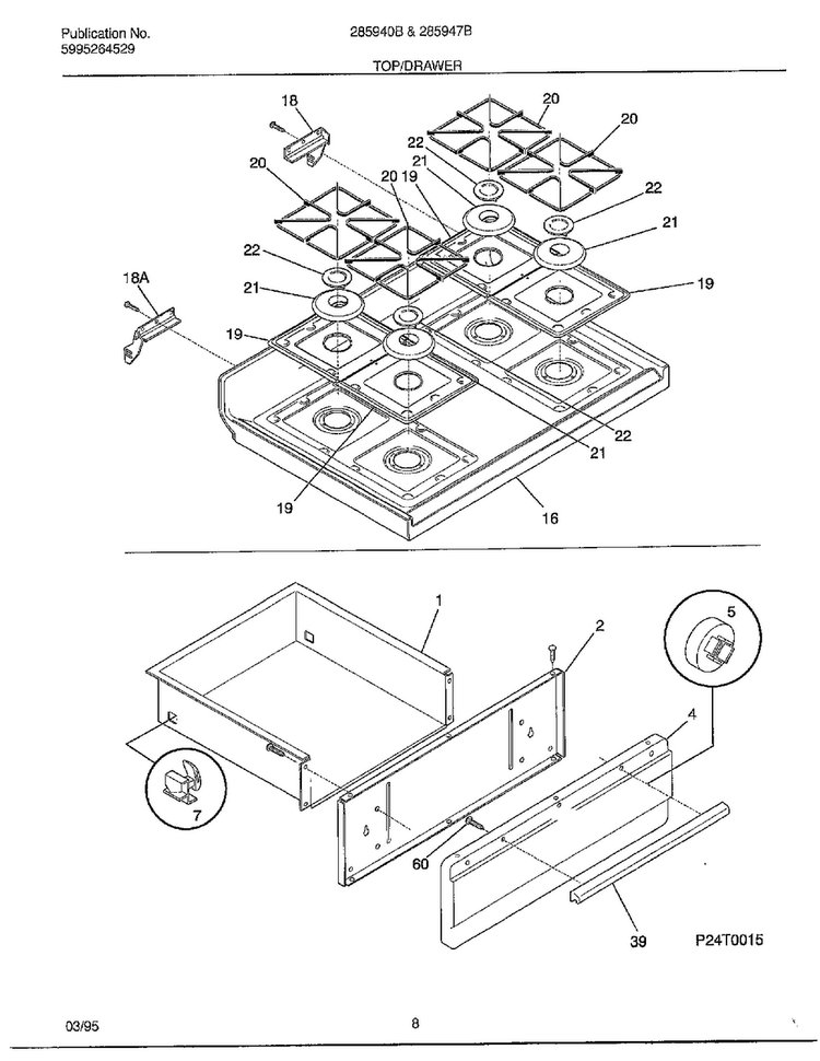 Top/drawer Diagram and Parts List for 285947B  Frigidaire Range