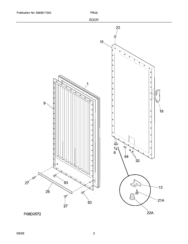 DOOR Diagram and Parts List for PWJ2  Electrolux Wine and Beverage Cooler