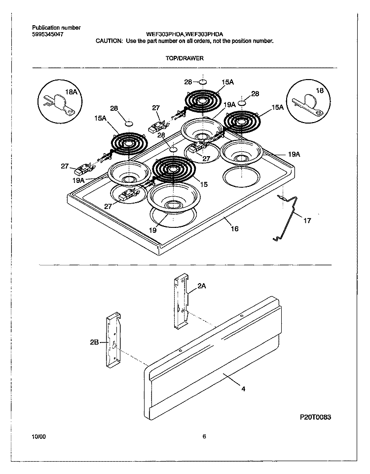TOP / DRAWER Diagram and Parts List for WEF303PHDA  Westinghouse Range