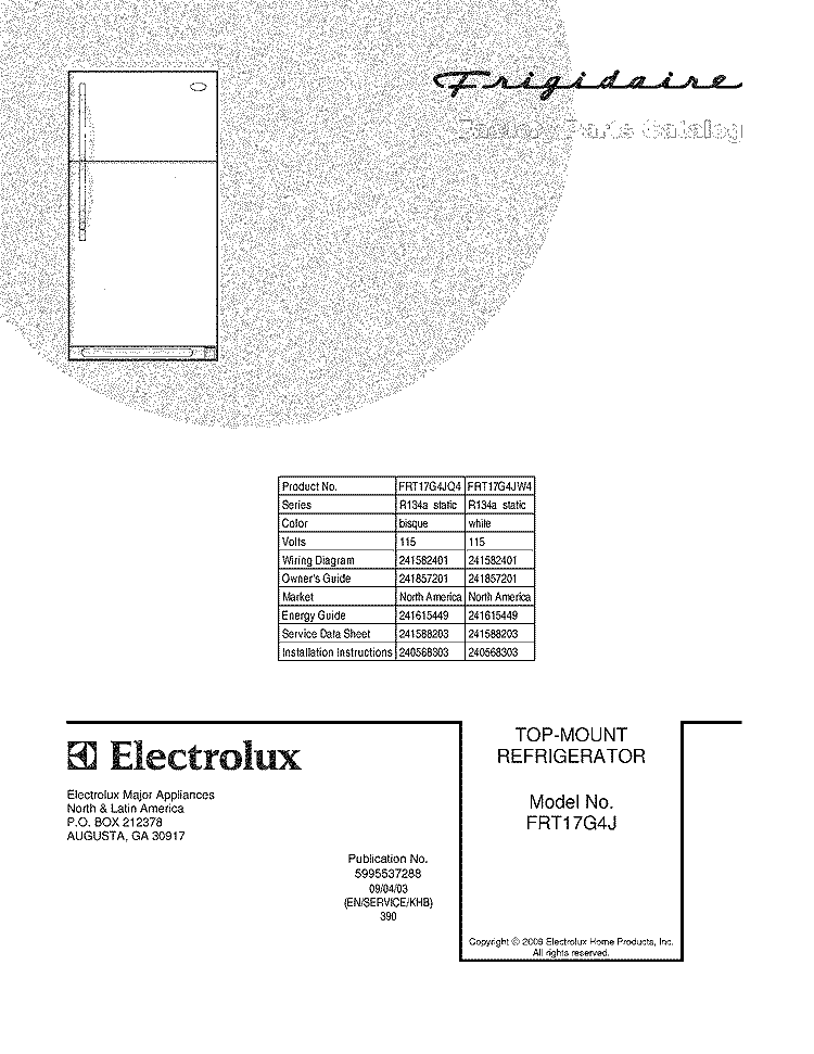 COVER Diagram and Parts List for FRT17G4JQ4  Frigidaire Refrigerator